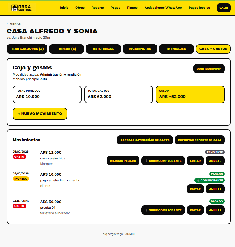 Panel de caja y gastos con ingresos, gastos y saldo.