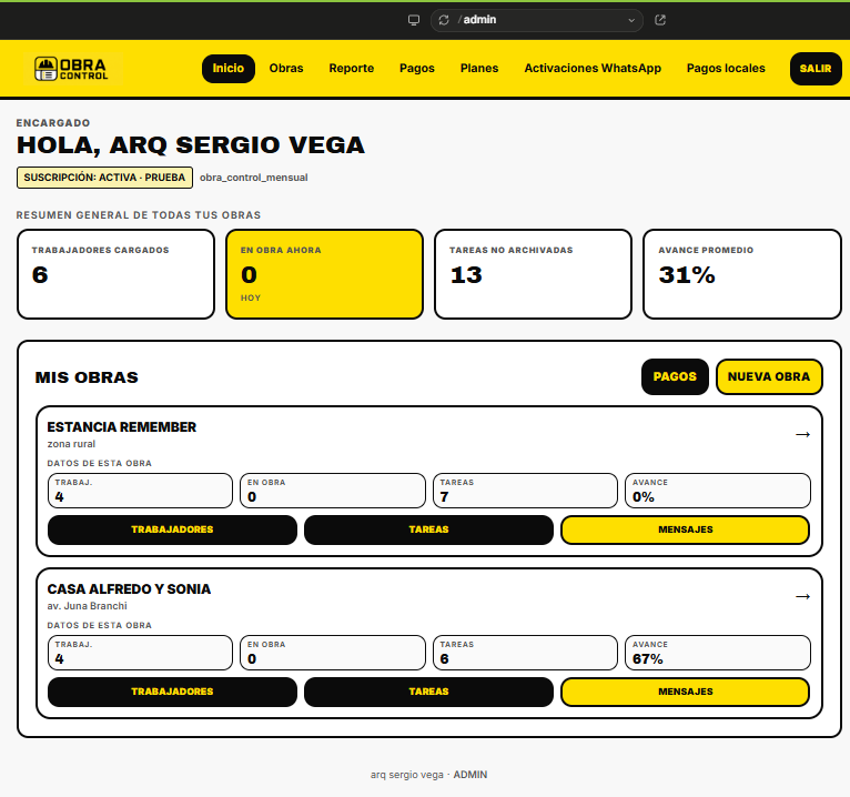 Dashboard principal de Obra Control mostrando KPIs y obras activas.