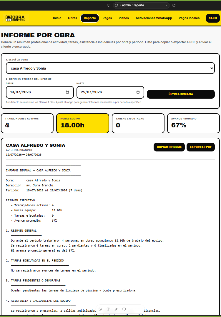 Informe profesional por obra.
