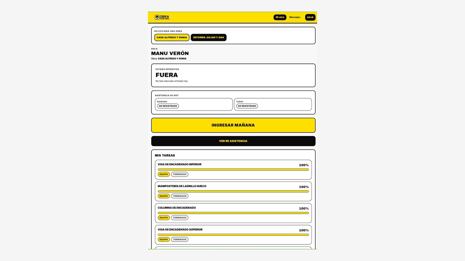 Panel del trabajador en el celular con asistencia por turno y lista de tareas asignadas.