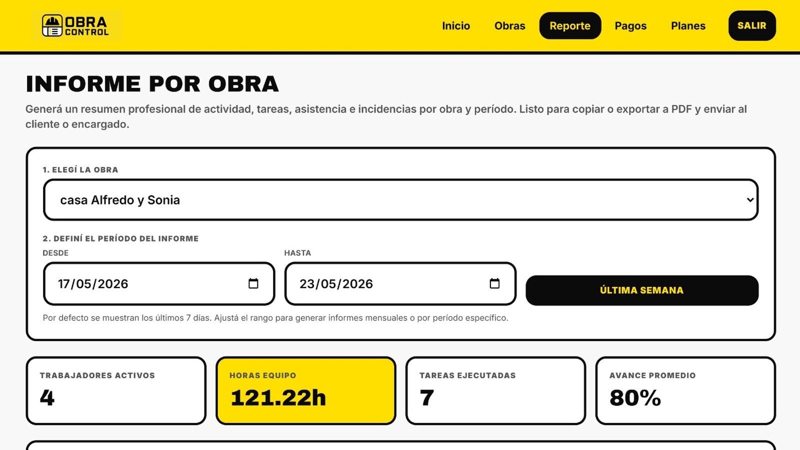 Pantalla Informe por obra con período, KPIs y resumen profesional listo para enviar al cliente.